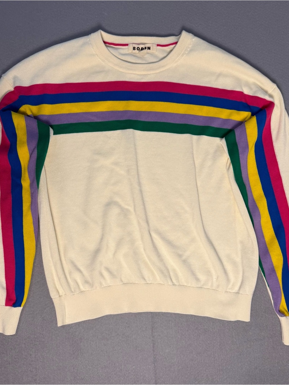 Boden Cream Crewneck Sweater with Multicolor Stripes S